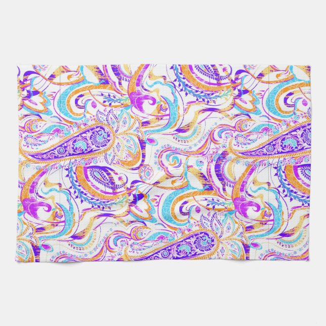 Cute white colourful paisley design tea towel (Horizontal)