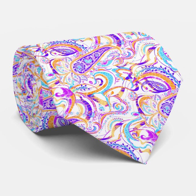 Cute white colourful paisley design tie (Rolled)