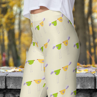 Cute White Cornsilk Two Little Birds Pattern Leggings