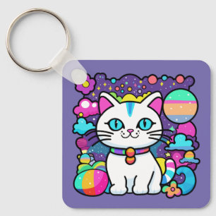 Cute White Cosmic Space Kitty Cat Key Ring
