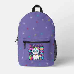 Cute White Cosmic Space Kitty Cat Printed Backpack