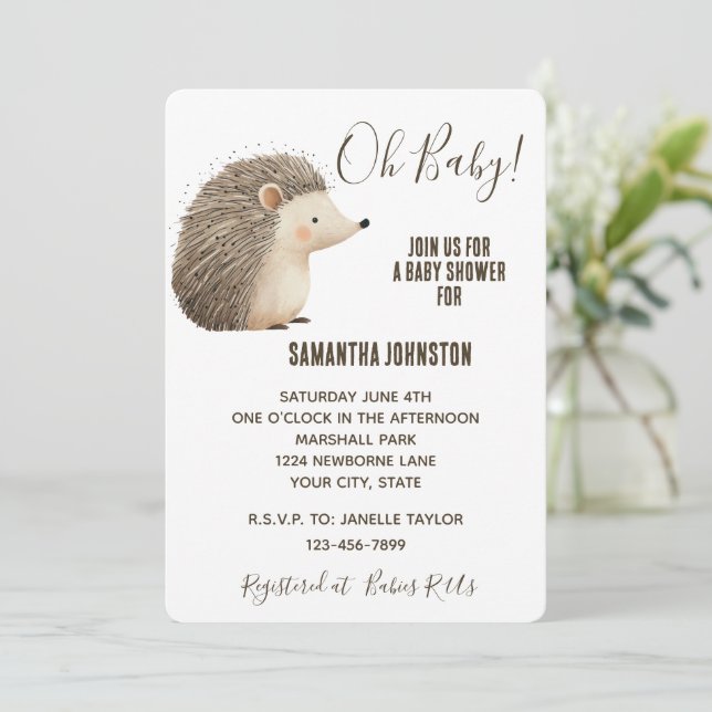 Cute White Cream Brown Hedgehog Baby Shower Invitation (Standing Front)