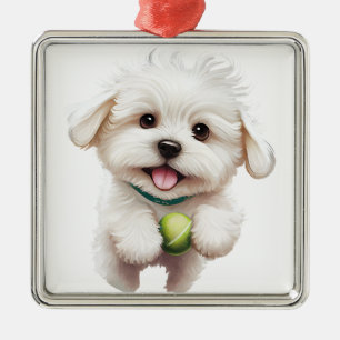 CUTE WHITE CURLY BICHON FRISE PUPPY DOG METAL TREE DECORATION