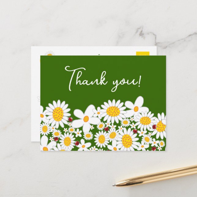 Cute White Daisies & Ladybugs Whimsical Thank You Postcard (Front/Back In Situ)