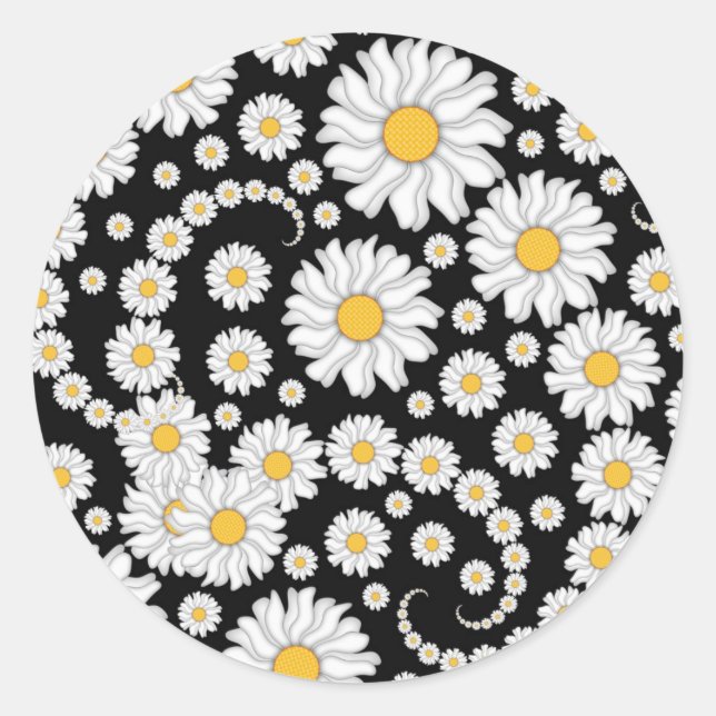 Cute White Daisies on Black Background Classic Round Sticker (Front)