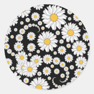 Cute White Daisies on Black Background Classic Round Sticker