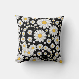 Cute White Daisies on Black Background Cushion