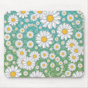 Cute White Daisies on Blue Green Mouse Mat