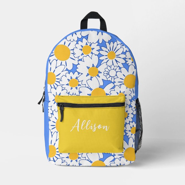 Cute White Daisies on Blue with Custom Initials Printed Backpack (Front)