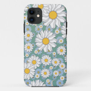 Cute White Daisies on Dusty Teal Blue Green iPhone 11 Case