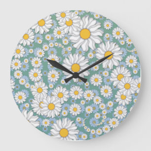 Cute White Daisies on Dusty Teal Blue Green Large Clock