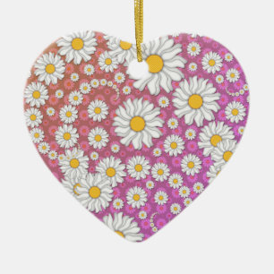 Cute White Daisies on Pink Yellow Background Ceramic Tree Decoration