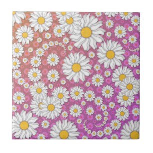 Cute White Daisies on Pink Yellow Background Tile