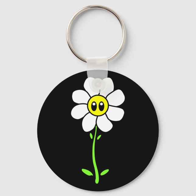 Cute White Daisy Flower Face Daisies Comic Cartoon Key Ring (Front)