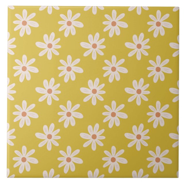 Cute White Daisy Flower Mustard Tile (Front)