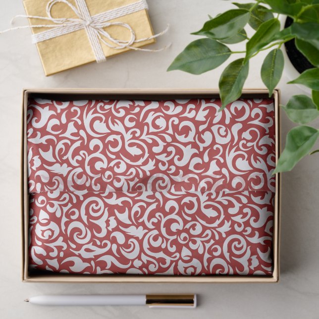 Cute White Dark Red Damask Floral Pattern Tissue Paper (Gift)