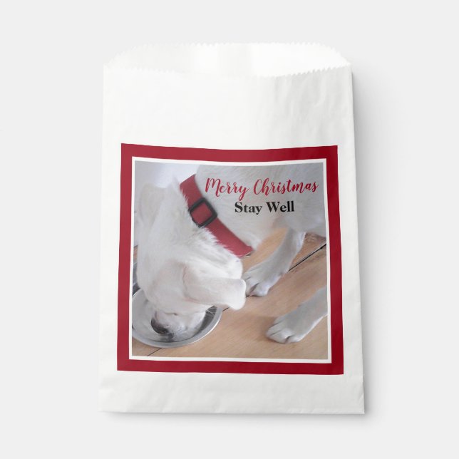 Cute White Dog Drinking Water Red Christmas Favour Bags (Front)