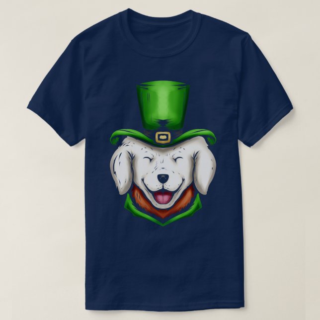 Cute White Dog Golden Retriever Green Hat St Patri T-Shirt (Design Front)