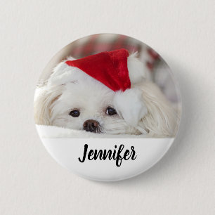 Cute White Dog in a Red Christmas Hat 6 Cm Round Badge