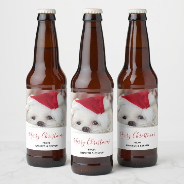 Cute White Dog in a Red Christmas Hat Beer Bottle Label (Bottles)