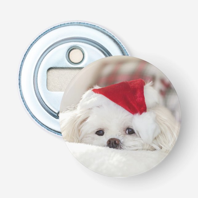 Cute White Dog in a Red Christmas Hat Bottle Opener (Front)