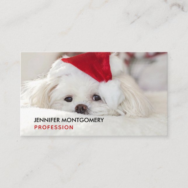 Cute White Dog in a Red Christmas Hat Business Card (Front)
