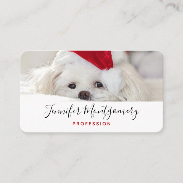 Cute White Dog in a Red Christmas Hat Business Card (Front)