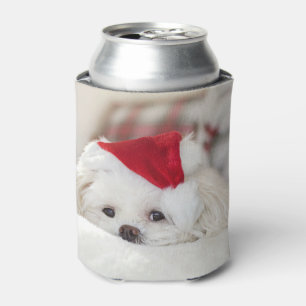 Cute White Dog in a Red Christmas Hat Can Cooler
