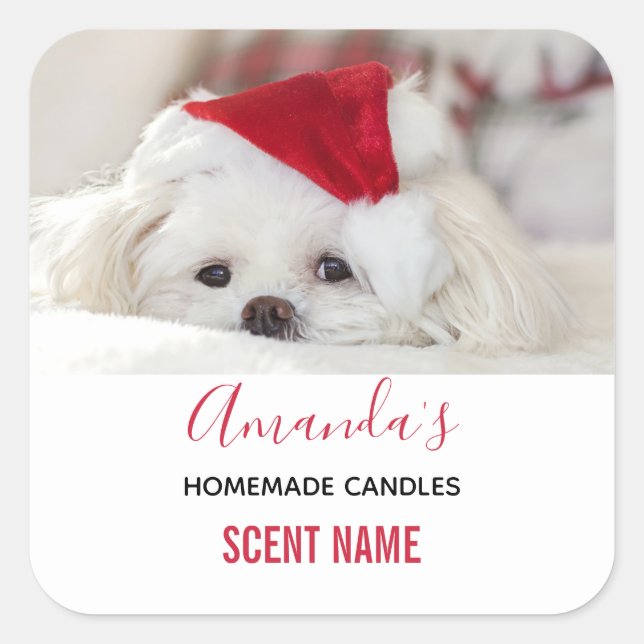 Cute White Dog in a Red Christmas Hat Candle Scent Square Sticker (Front)