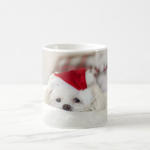 Cute White Dog in a Red Christmas Hat Coffee Mug