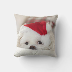Cute White Dog in a Red Christmas Hat Cushion