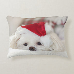 Cute White Dog in a Red Christmas Hat Decorative Cushion