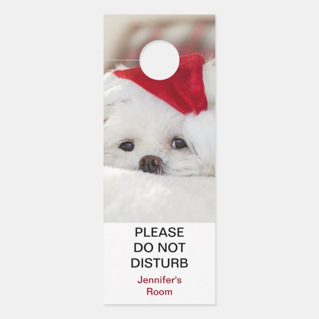 Cute White Dog in a Red Christmas Hat Door Hanger (Front)
