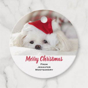 Cute White Dog in a Red Christmas Hat Favour Tags