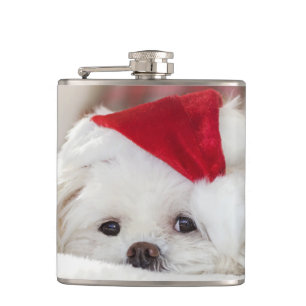 Cute White Dog in a Red Christmas Hat Hip Flask
