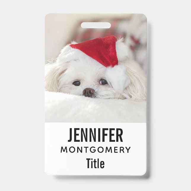 Cute White Dog in a Red Christmas Hat ID Badge (Front)