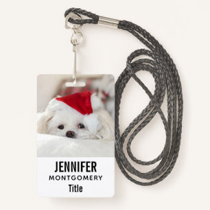 Cute White Dog in a Red Christmas Hat ID Badge