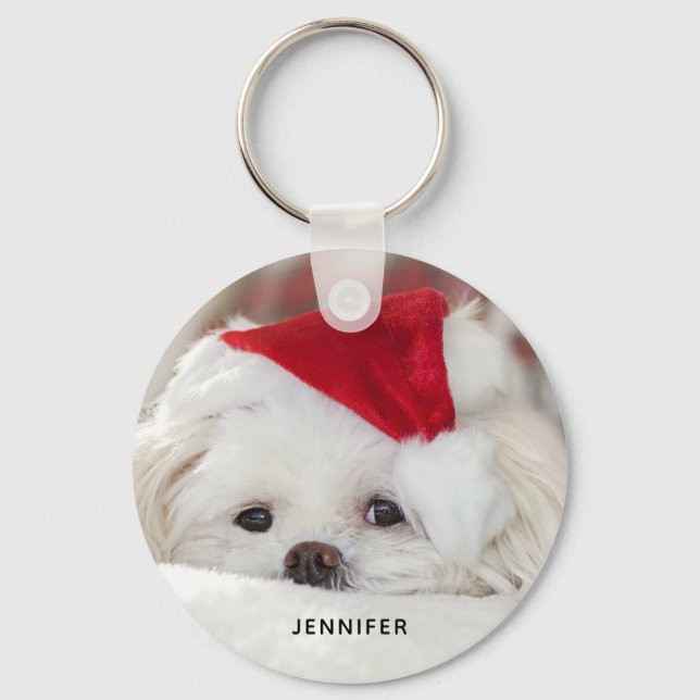 Cute White Dog in a Red Christmas Hat Key Ring (Front)
