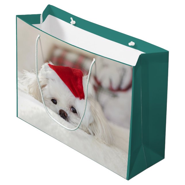 Cute White Dog in a Red Christmas Hat Large Gift Bag (Front Angled)