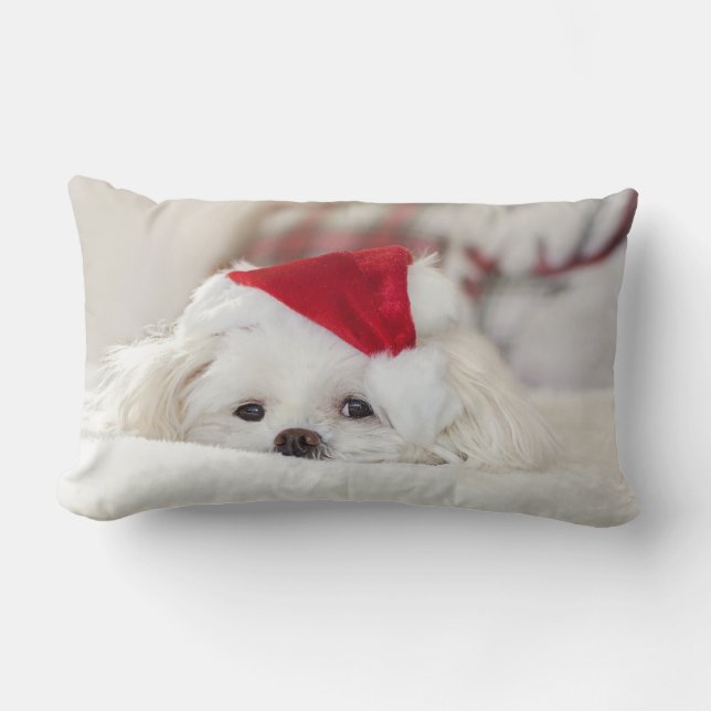 Cute White Dog in a Red Christmas Hat Lumbar Cushion (Front)