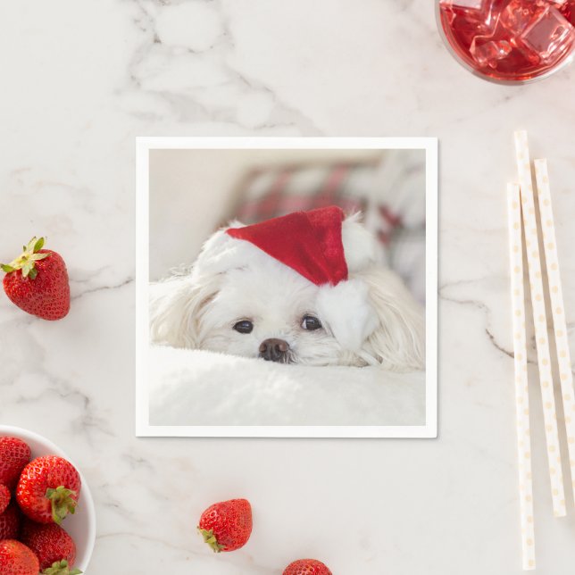 Cute White Dog in a Red Christmas Hat Napkin (Insitu)