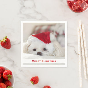 Cute White Dog in a Red Christmas Hat Napkin