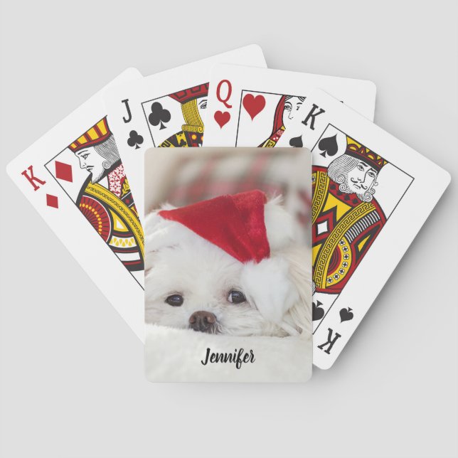 Cute White Dog in a Red Christmas Hat Playing Cards (Back)