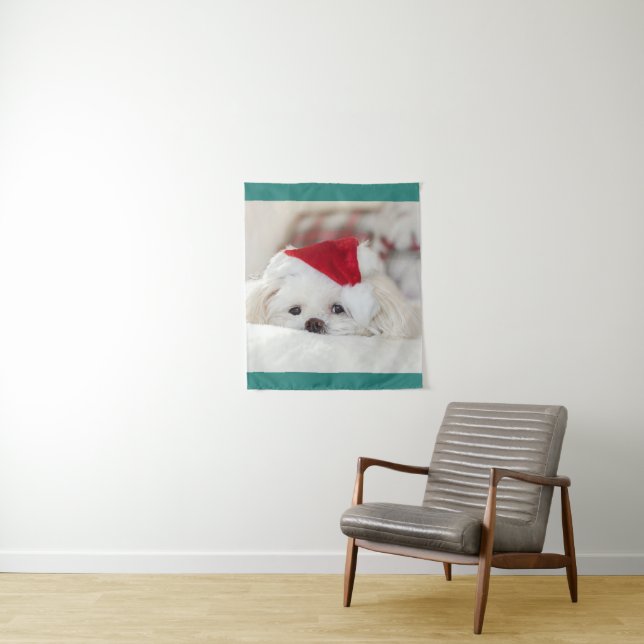 Cute White Dog in a Red Christmas Hat Tapestry (In Situ)