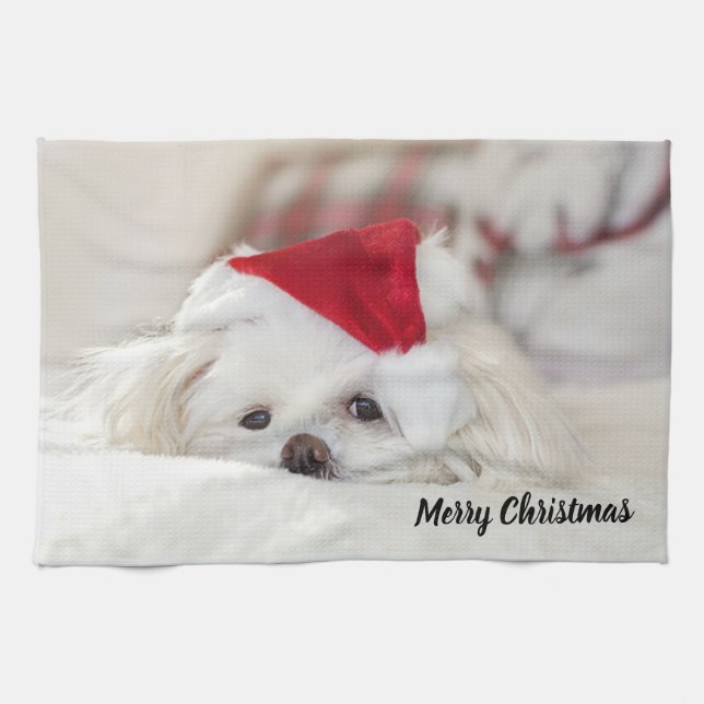 Cute White Dog in a Red Christmas Hat Tea Towel (Horizontal)