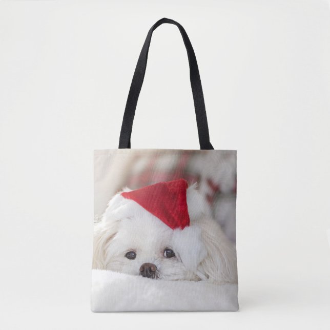 Cute White Dog in a Red Christmas Hat Tote Bag (Front)