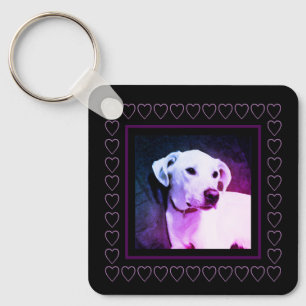 Cute White Dog Purple Hearts Frame Valentine's Day Key Ring