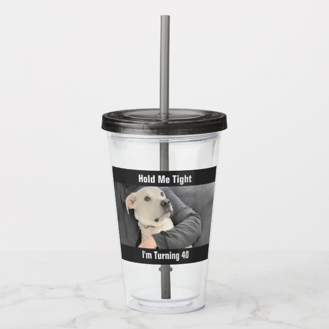 Cute White Dog Scared to Turn 40 Funny Grey Acrylic Tumbler (Front)
