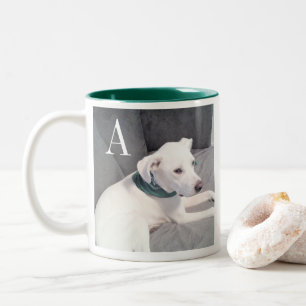 Cute White Dog Single Initial Green Two-Tone Coffee Mug