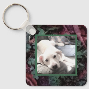 Cute White Dog Sitting With His Best Friend Dad Key Ring